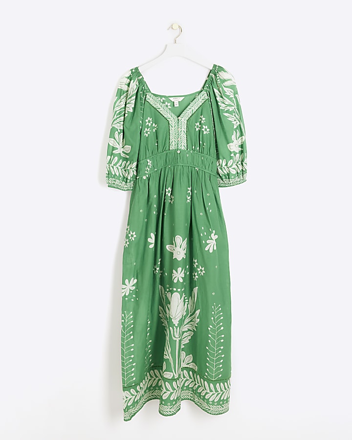 Green floral puff sleeve swing maxi dress