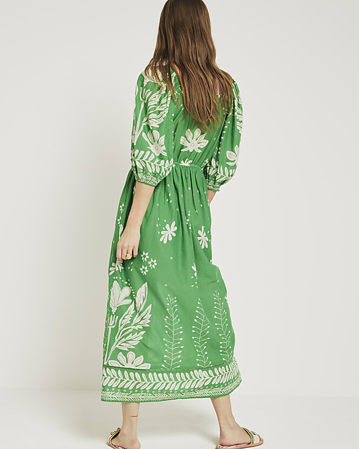 Green floral puff sleeve swing maxi dress