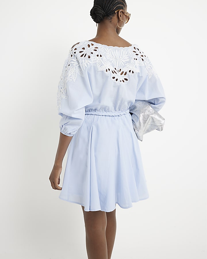 Blue broderie detail swing mini dress