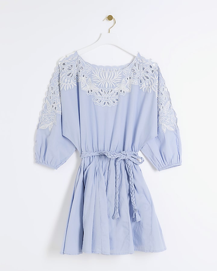 Blue broderie detail swing mini dress