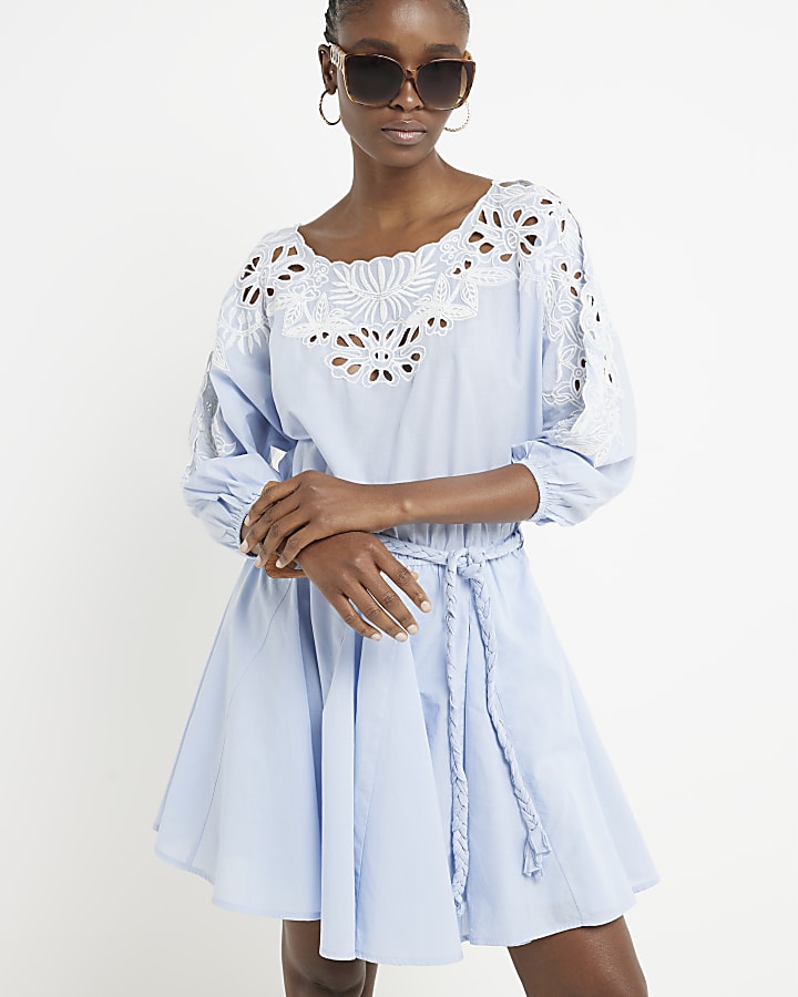 Blue broderie detail swing mini dress