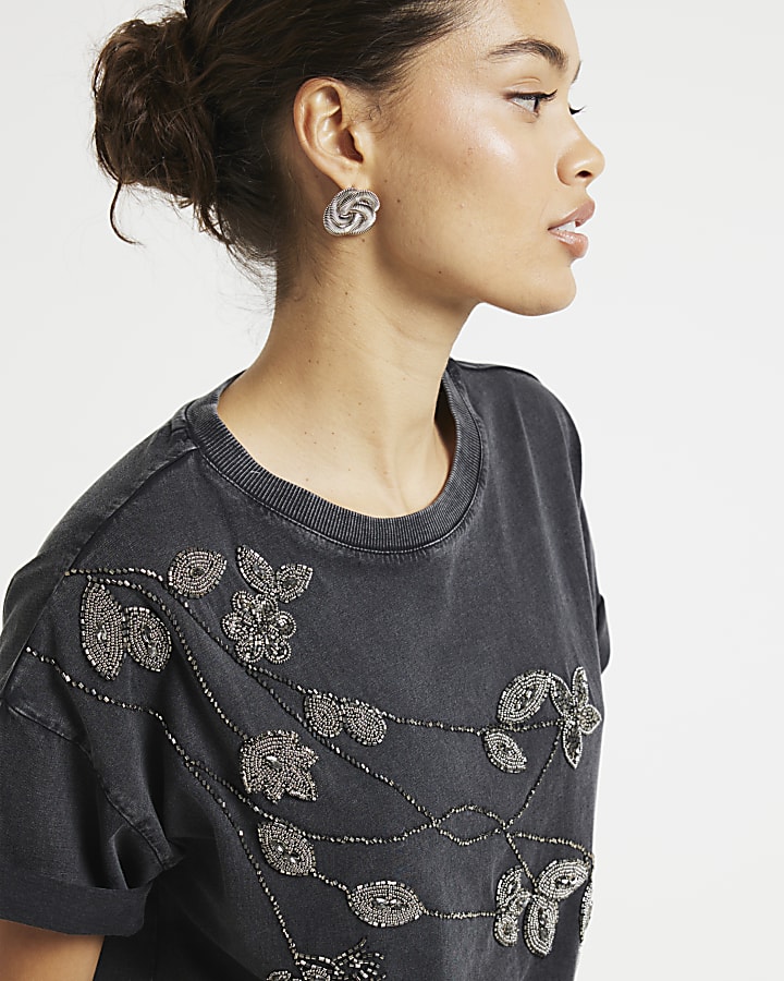 Petite grey floral embellished t-shirt