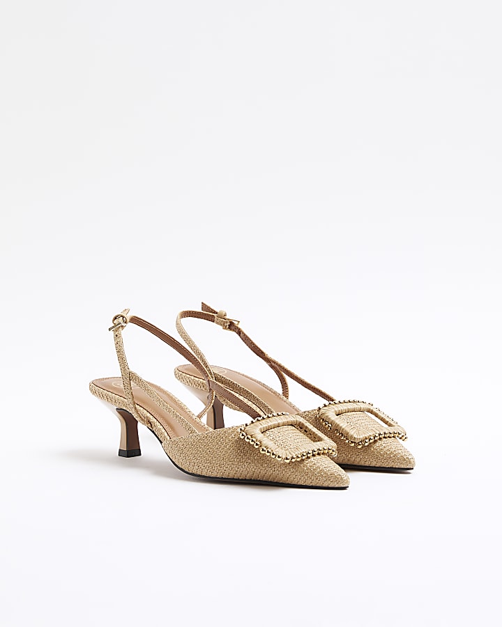 Beige Raffia Buckle Sling Back Court Shoes