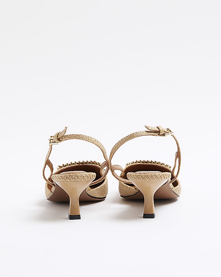 Beige Raffia Buckle Sling Back Court Shoes