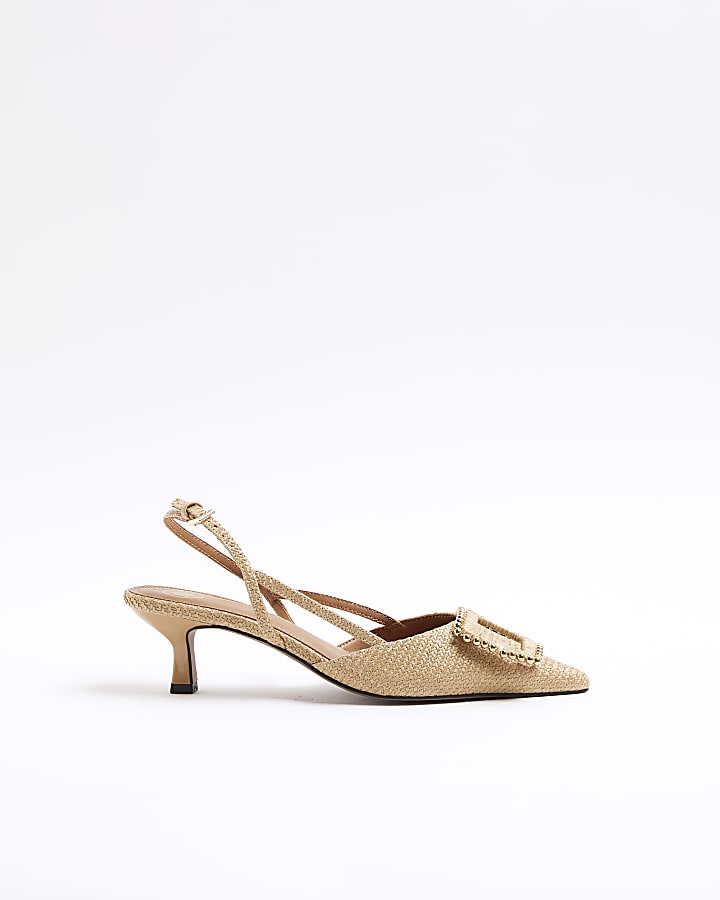 Beige Raffia Buckle Sling Back Court Shoes