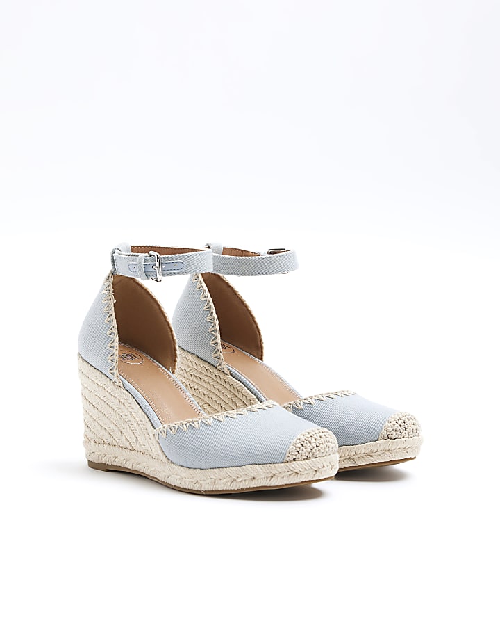 Blue denim stitch wedge espadrille sandals