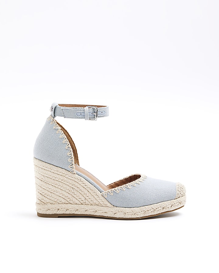 Blue denim stitch wedge espadrille sandals