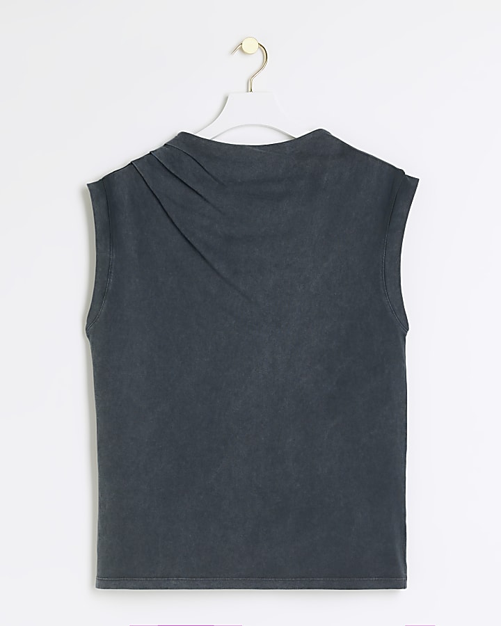 Grey Drape Cowl Neck Tank Top