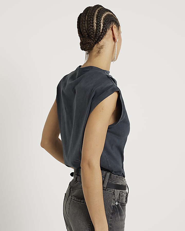 Grey Drape Cowl Neck Tank Top