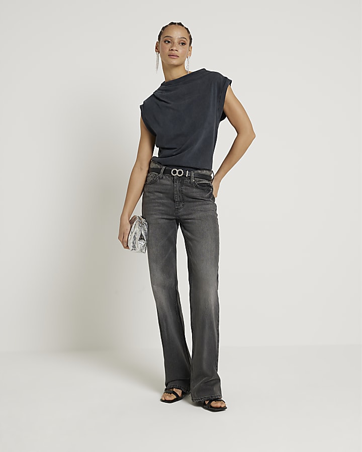 Grey Drape Cowl Neck Tank Top