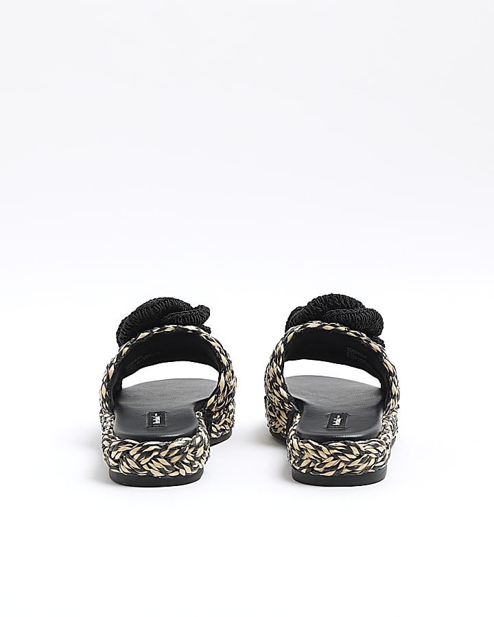 Black crochet flower flatform sandals