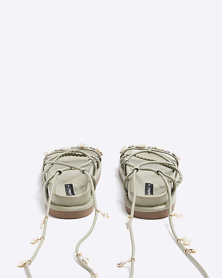 Green shell detail lace up sandals