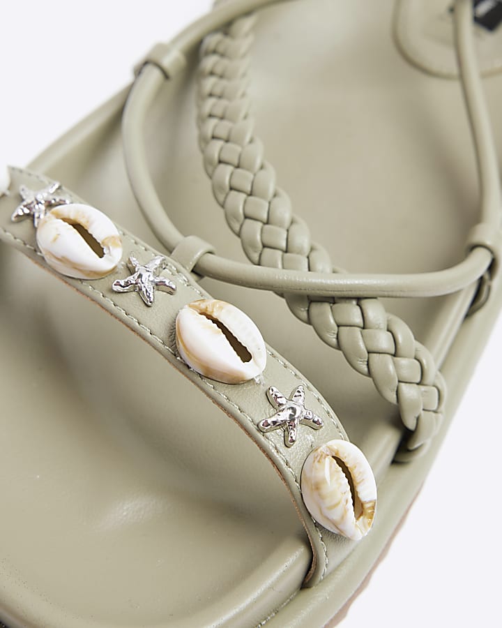 Green shell detail lace up sandals