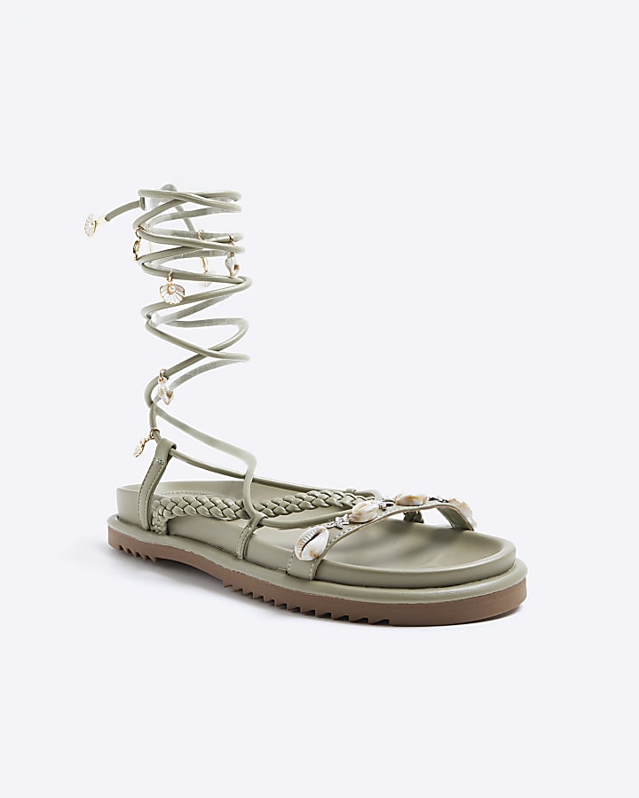 Green shell detail lace up sandals