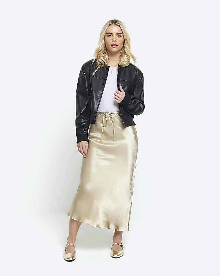 Petite beige tie waist midi skirt