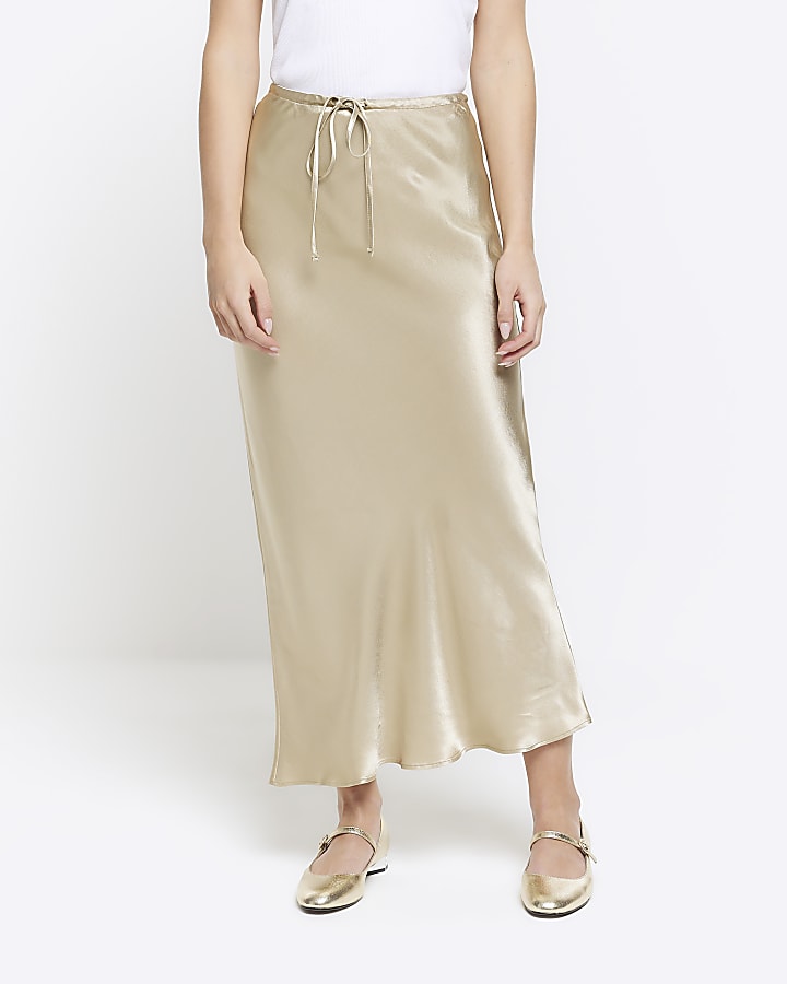 Petite beige tie waist midi skirt