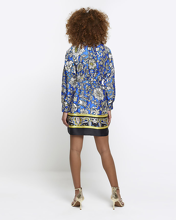 Blue floral belted mini shirt dress