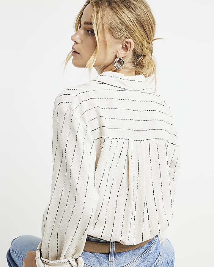 Beige linen blend embroidered crop shirt