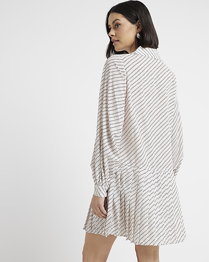 Cream spot pleated mini shirt dress