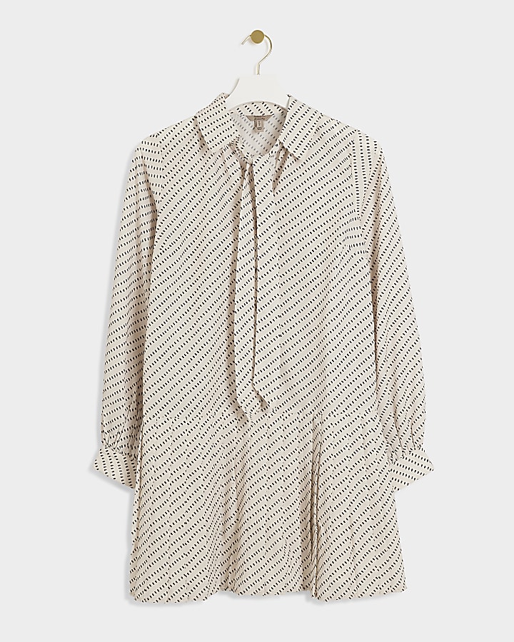 Cream spot pleated mini shirt dress