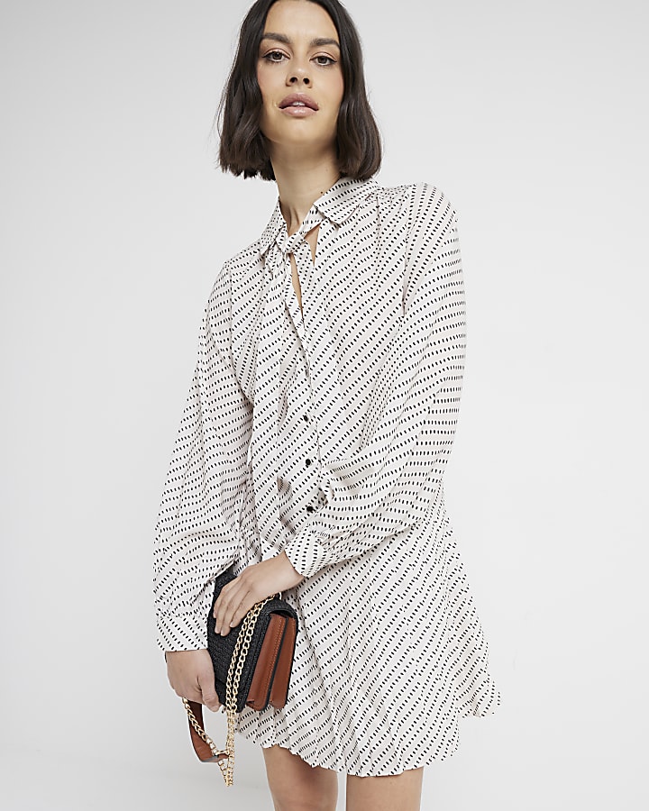 Cream spot pleated mini shirt dress