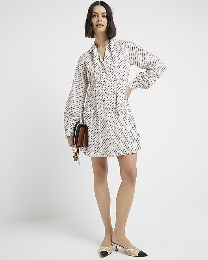 Cream spot pleated mini shirt dress