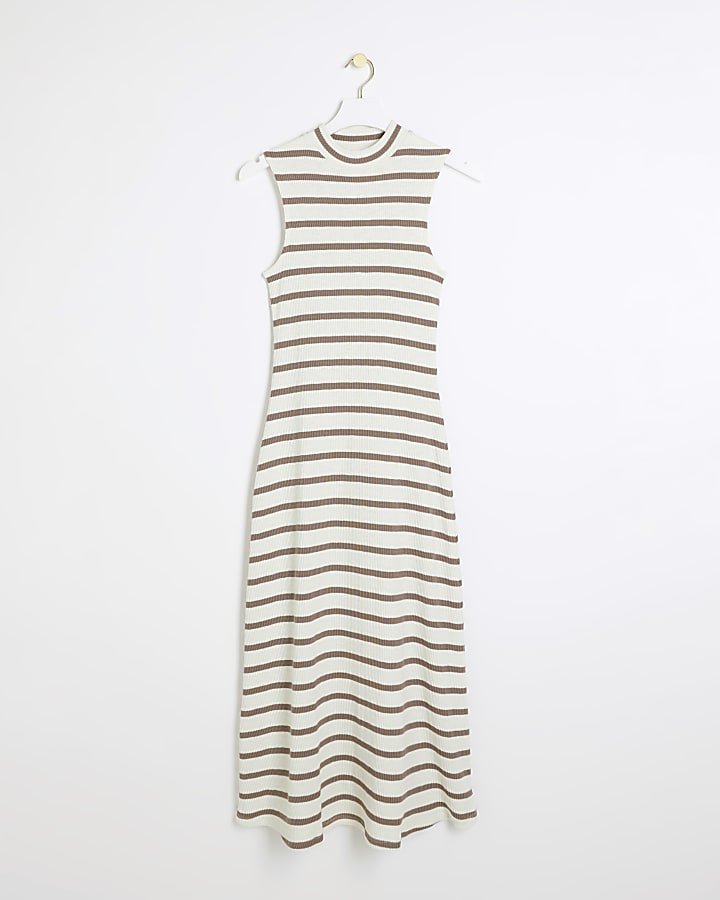 Beige stripe ribbed bodycon midi dress