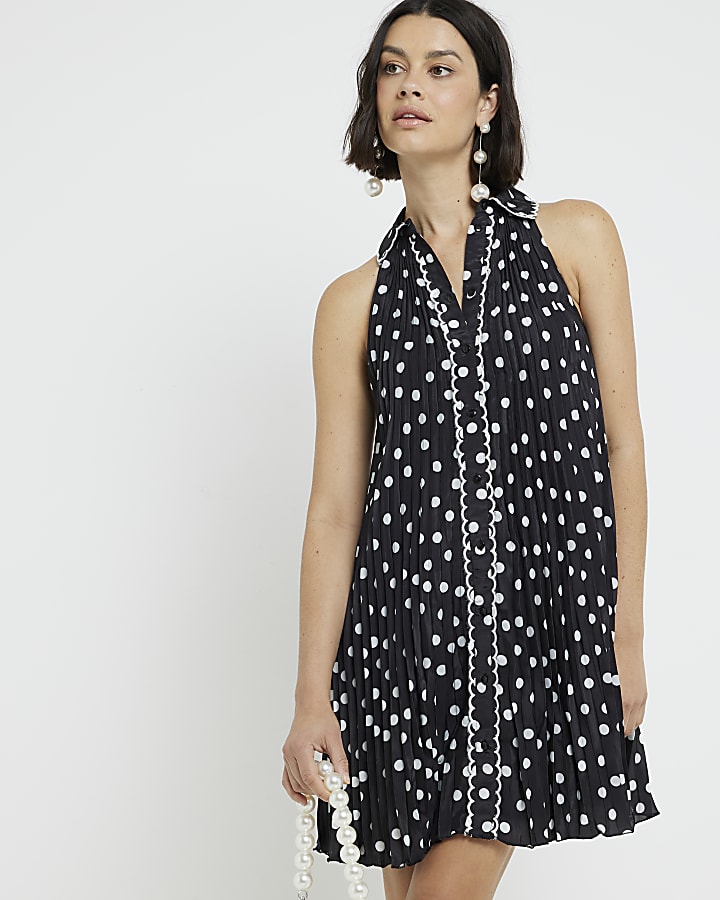 Black plisse spot sleeveless mini shirt dress