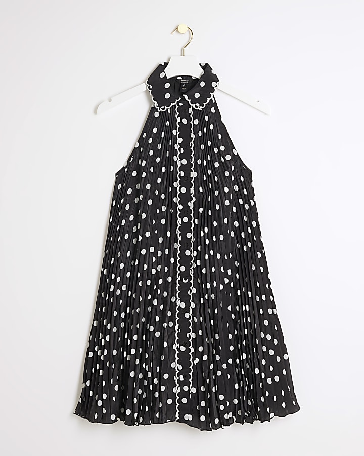 Black plisse spot sleeveless mini shirt dress