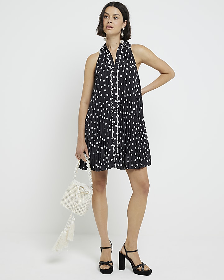 Black plisse spot sleeveless mini shirt dress