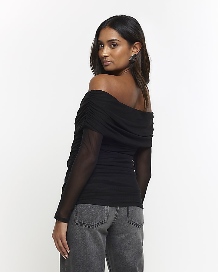 Black ruched bardot top