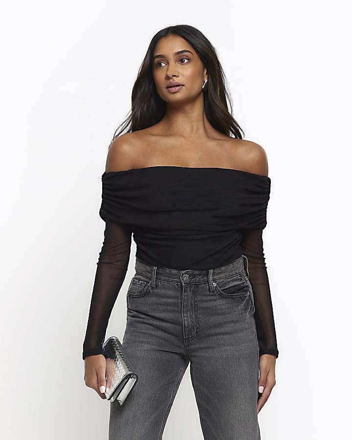 Black ruched bardot top River Island