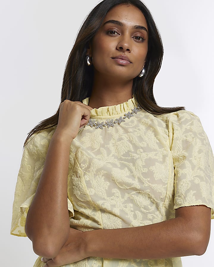 Yellow jacquard diamante trim blouse