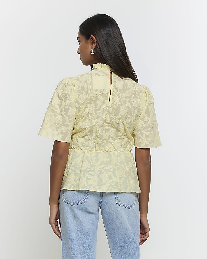 Yellow jacquard diamante trim blouse