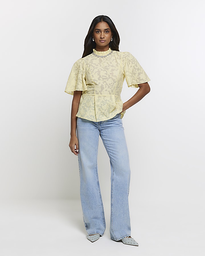 Yellow jacquard diamante trim blouse