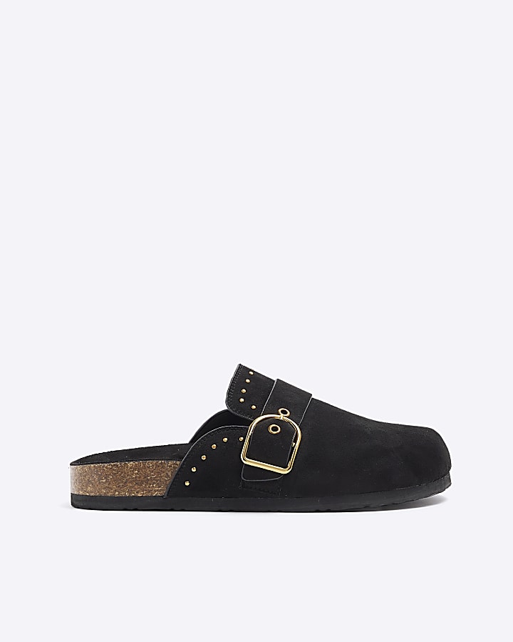 Black buckle studded mule shoes River Island