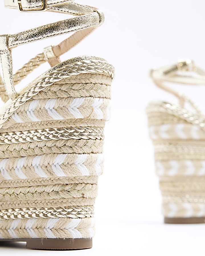 Gold strappy espadrille wedge sandals