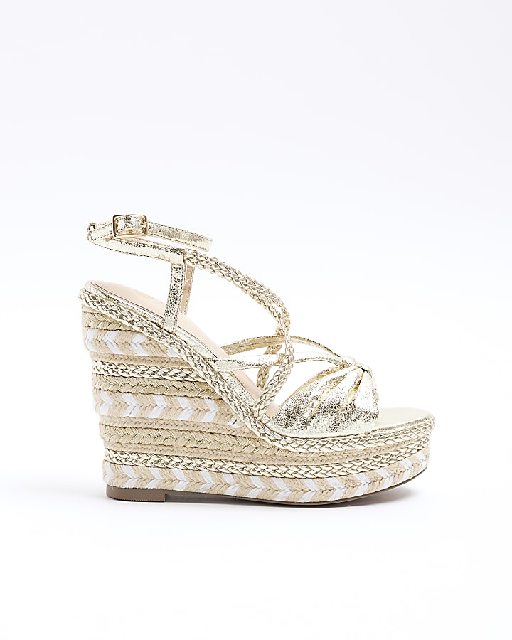 Gold strappy espadrille wedge sandals