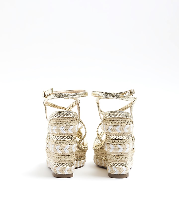 Gold strappy espadrille wedge sandals