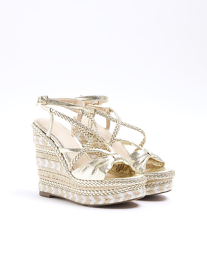 Gold strappy espadrille wedge sandals