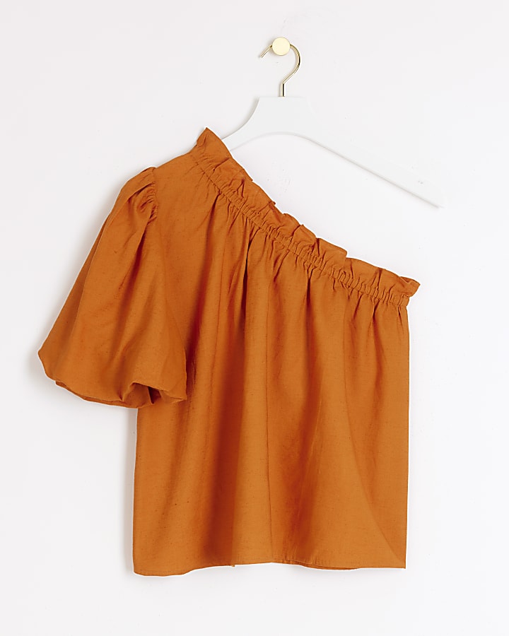 Rust Linen Blend One Shoulder Top