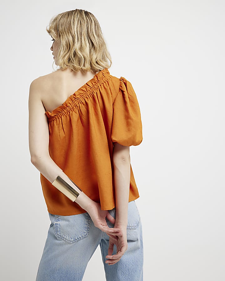 Rust Linen Blend One Shoulder Top