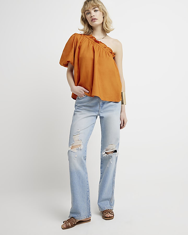 Rust Linen Blend One Shoulder Top