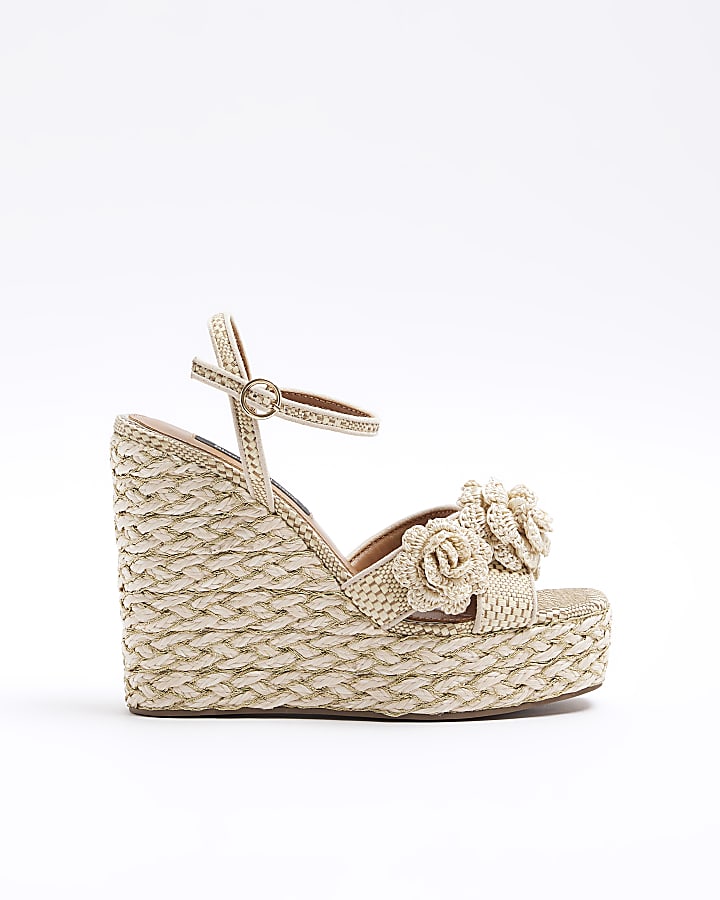 Cream Flower Raffia Wedge River Island