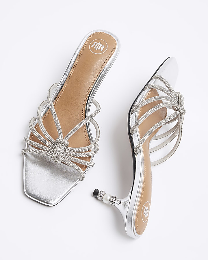 Silver diamante strap heeled sandals