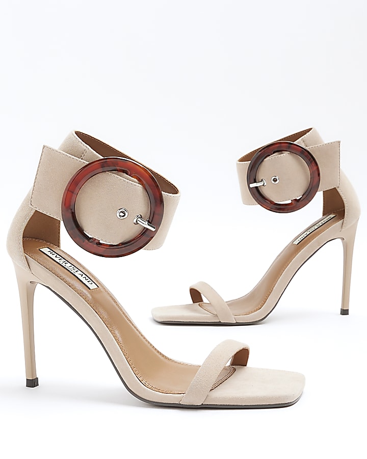 Stone suede buckle strap heeled sandals