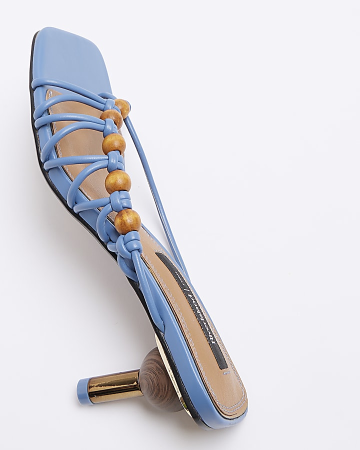 Blue beaded strappy mule heeled sandals