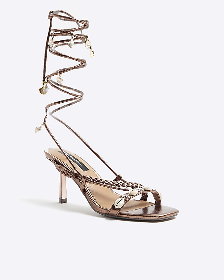 Bronze Shell Detail Lace Up Heeled Sandals