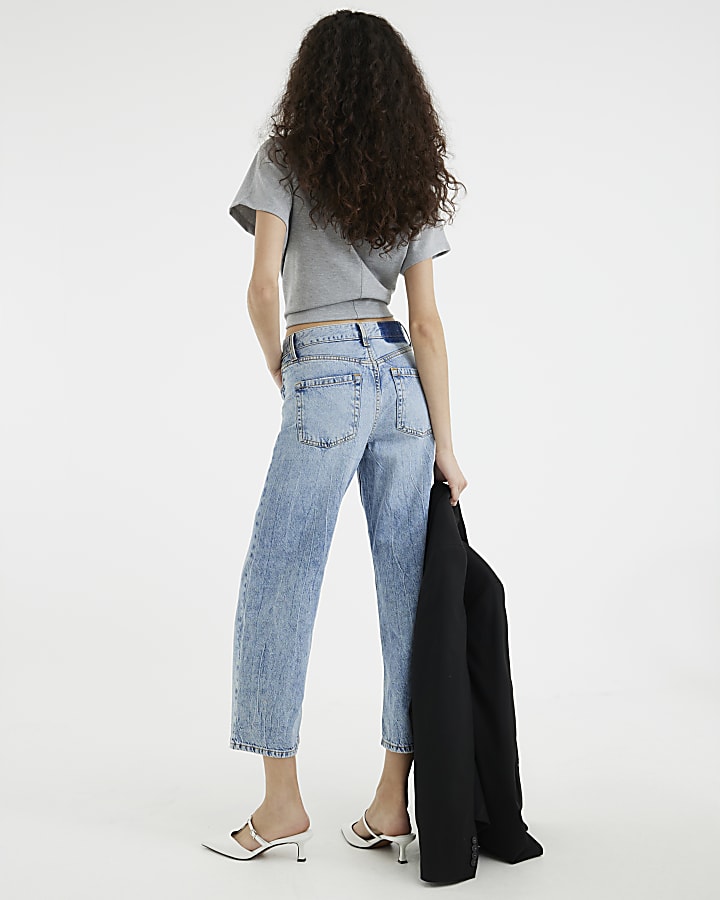 Blue high waisted relaxed straight crop jeans