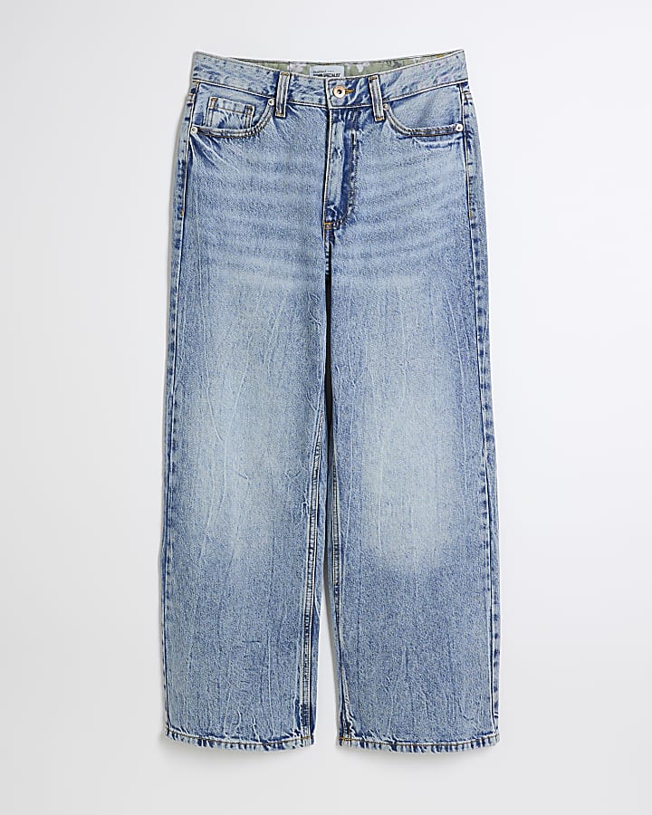 Blue high waisted relaxed straight crop jeans